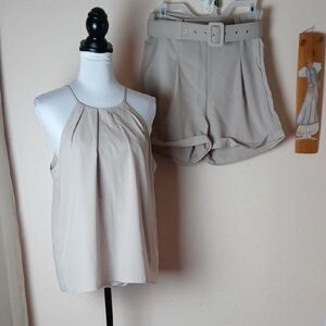 Elegant Beige Polyester Top and Shorts Set